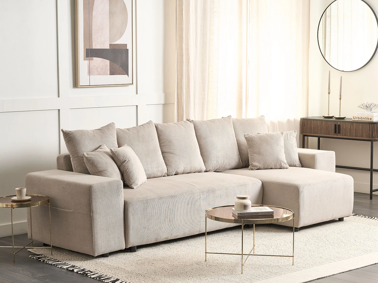 3-er Ecksofa Cord beige taupe Schlaffunktion Stauraum Chaiselongue links Luspa