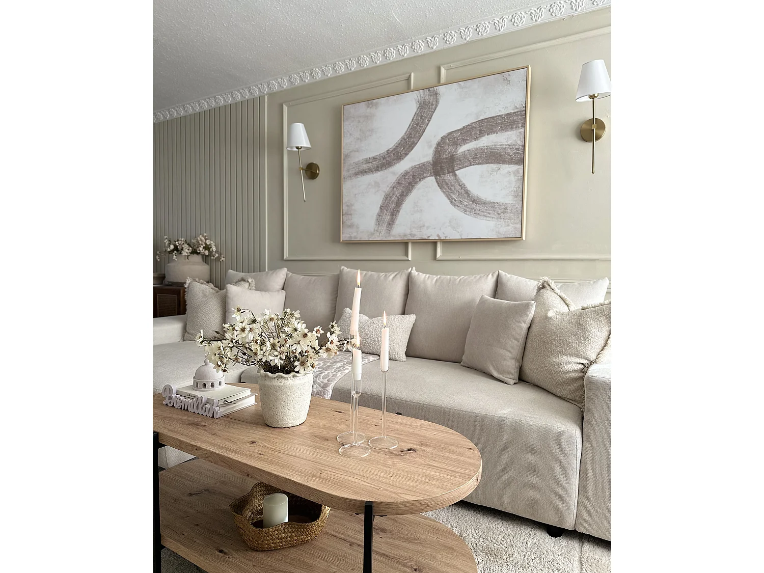 Canapé d'angle droit convertible 3 places en coton beige