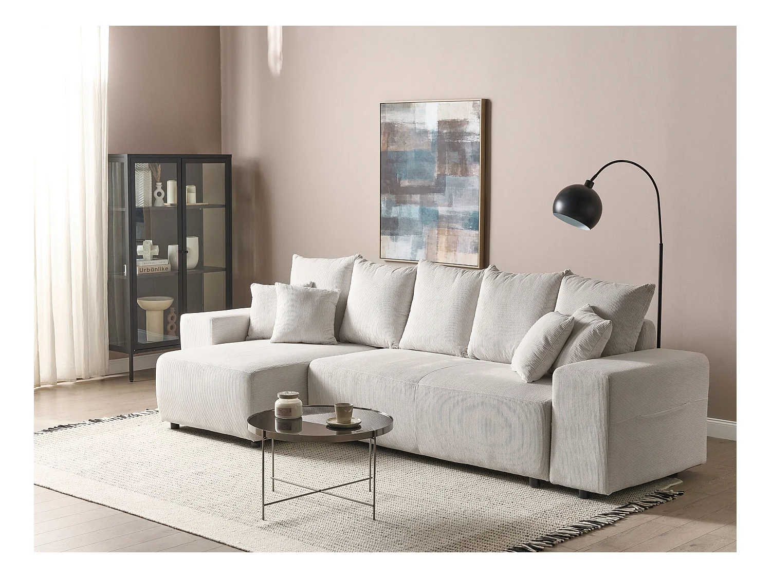 Canapé d'Angle Moderne à gauche avec Couchage et Coussins en Velours Côtelé Beige Clair Luspa