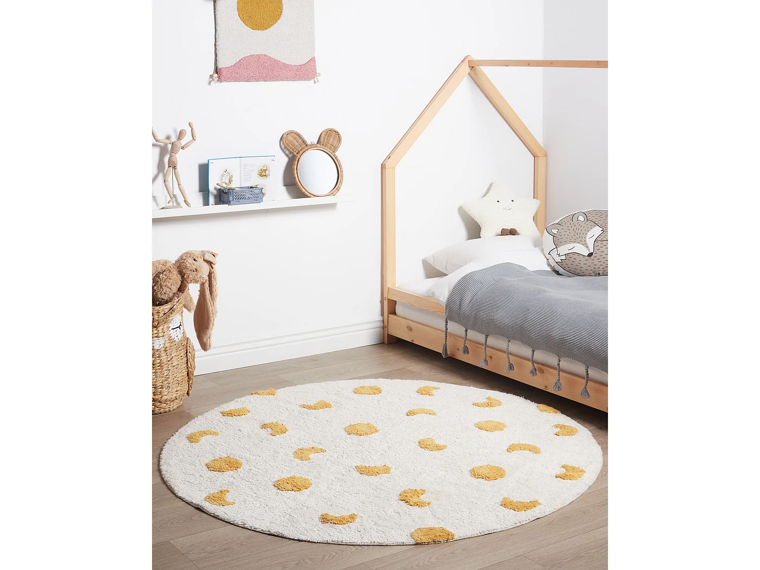 Teppich Baumwolle beige / gelb rund ø 140 cm mit Muster für Kinder Kurzflor Loti