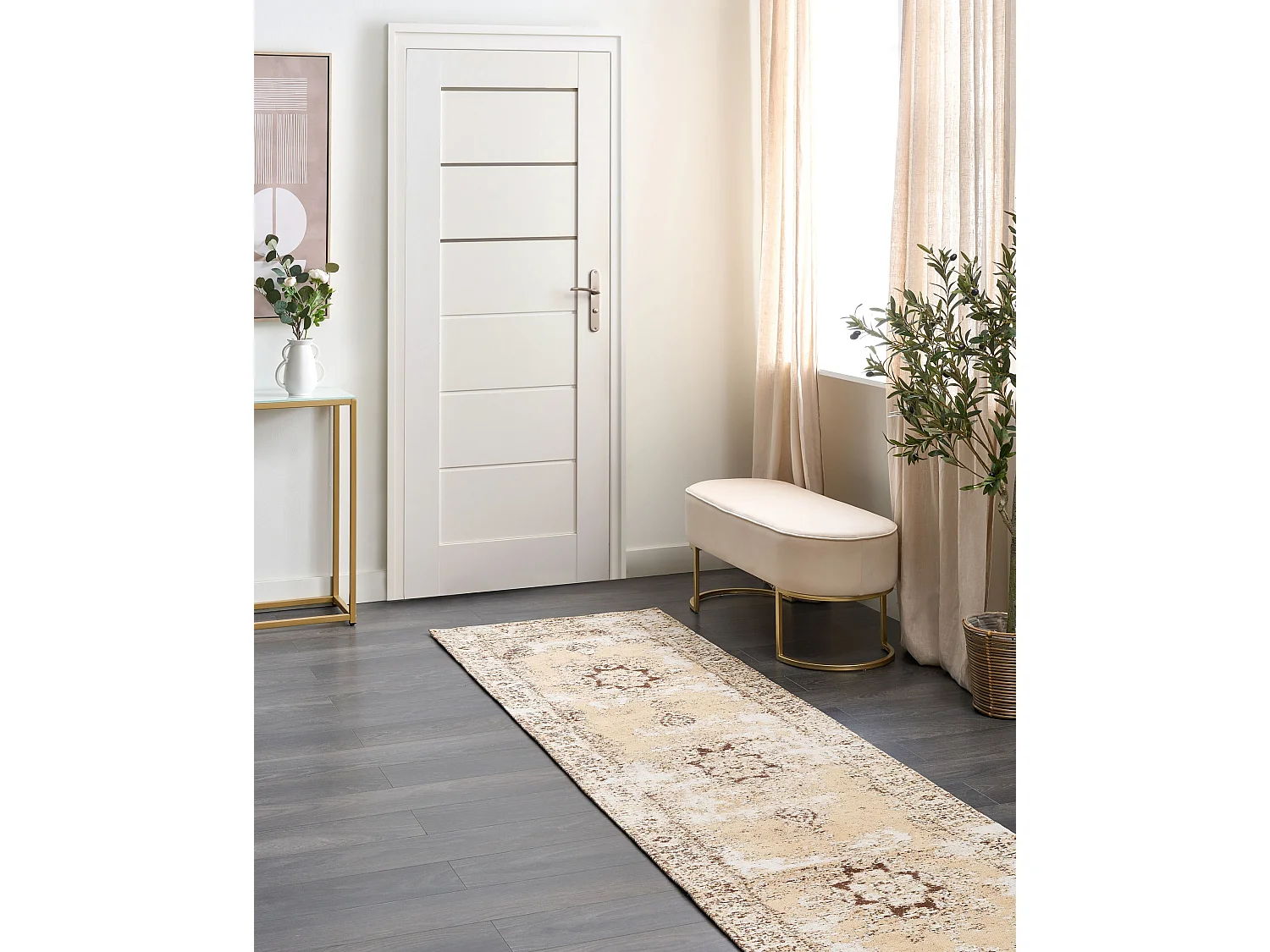 Teppich Baumwolle beige-braun 80 x 300 cm orientalisches Muster Kurzflor ALMUS