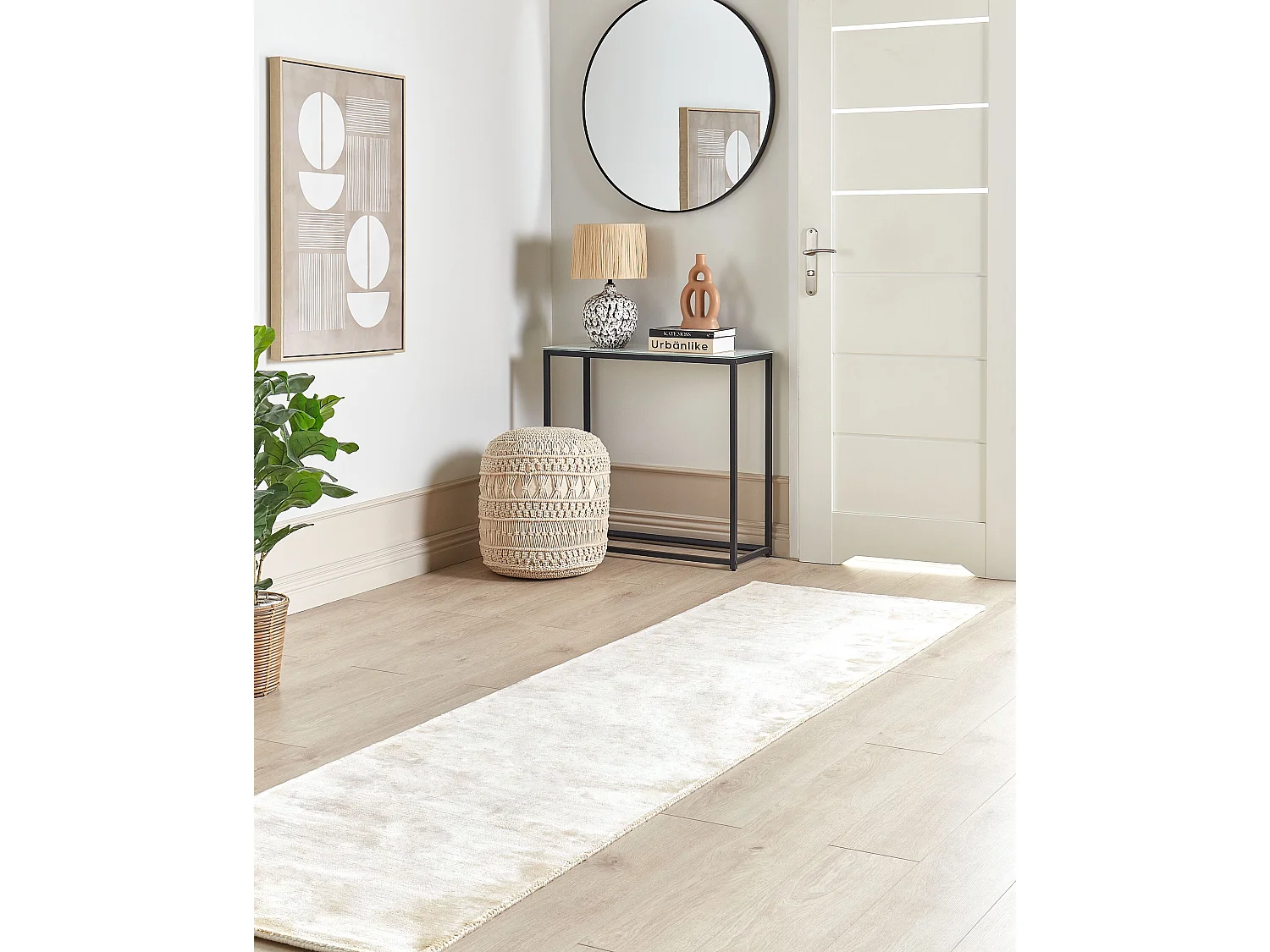 Teppich Viskose helles Beige 80 x 300 cm einfarbig handgewebt Kurzflor Gesi II