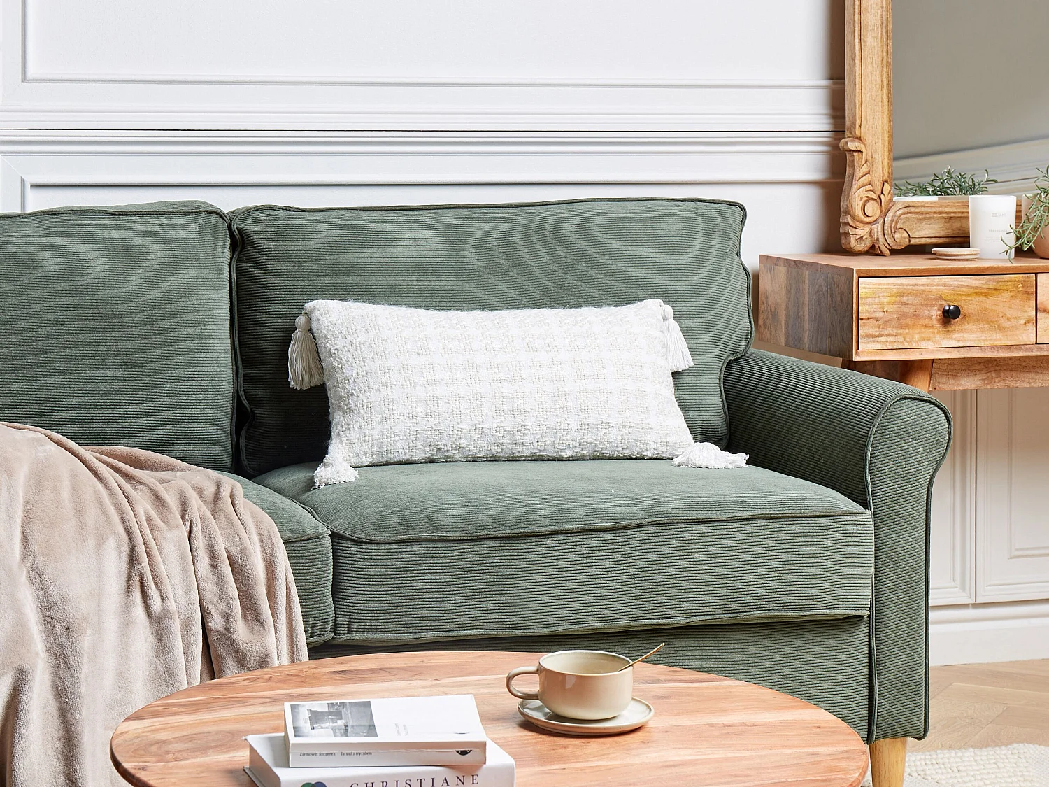 Dekokissen beige/ weiß kariertes Muster 30 x 60 cm rechteckig mit Quasten Douris