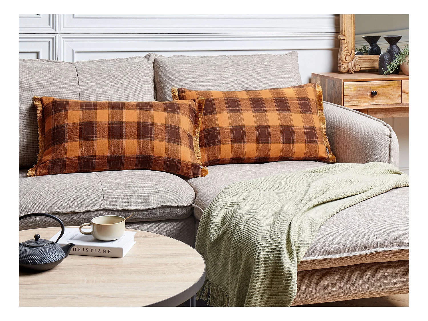 Dekokissen 2er Set Stoff orange kariert 40x70 cm mit Füllung Fransen Barja