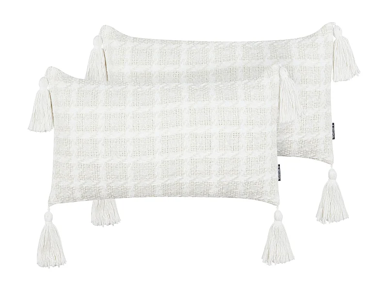 Dekokissen 2er Set beige/ weiß kariertes Muster 30 x 60 cm mit Quasten Douris