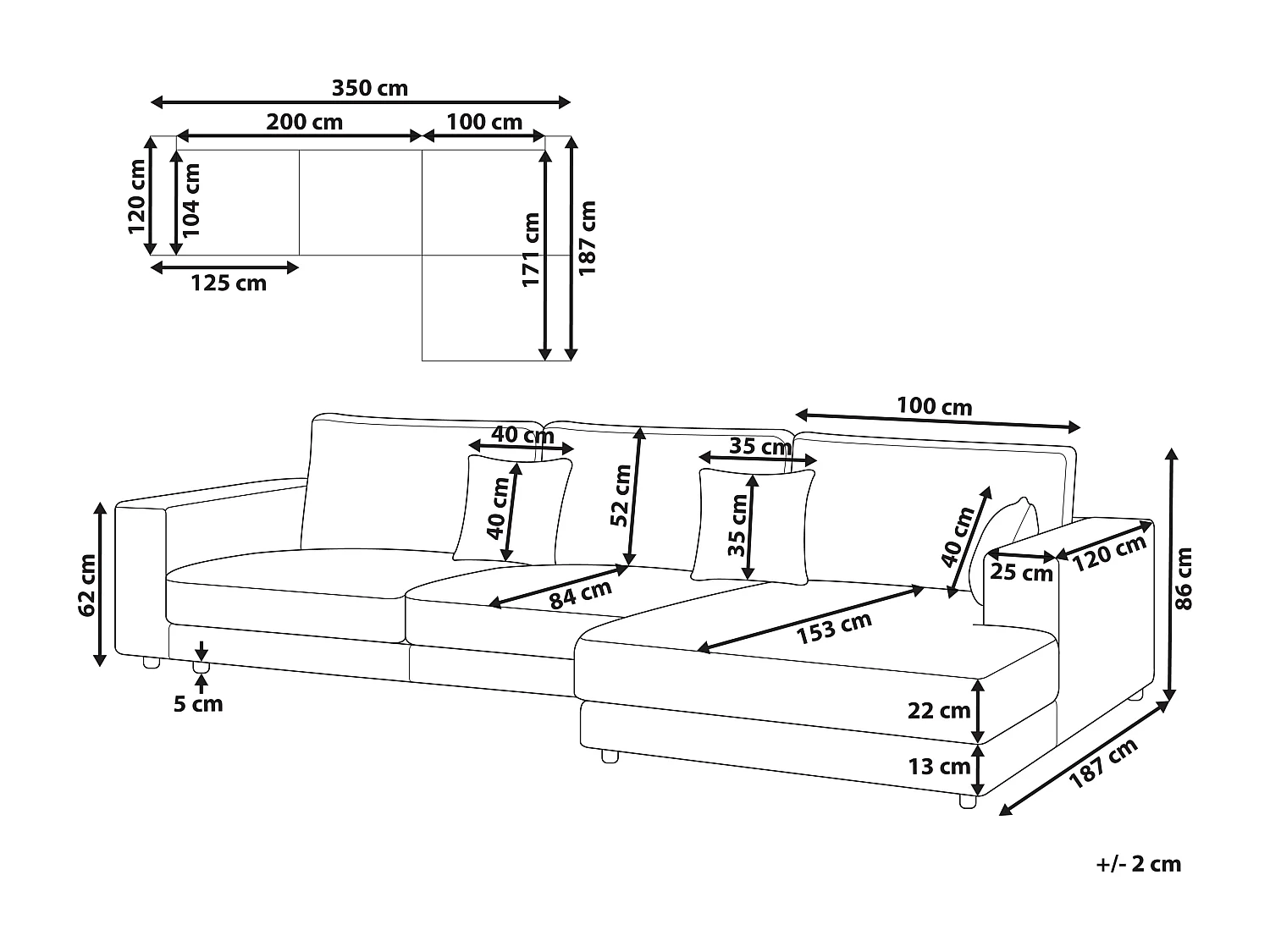 4-Sitzer Ecksofa L-förmig grau mit Chaiselongue links 2 Dekokissen Lofoten
