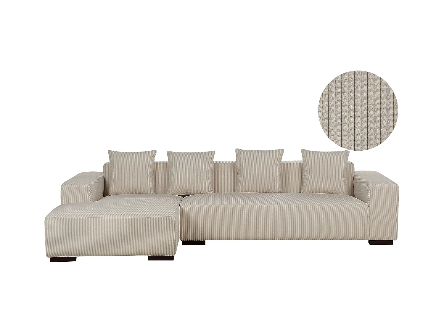 Canapé Angle à gauche 4 Places en Velours Côtelé Beige avec 4 Coussins Supplémentaires Lungo