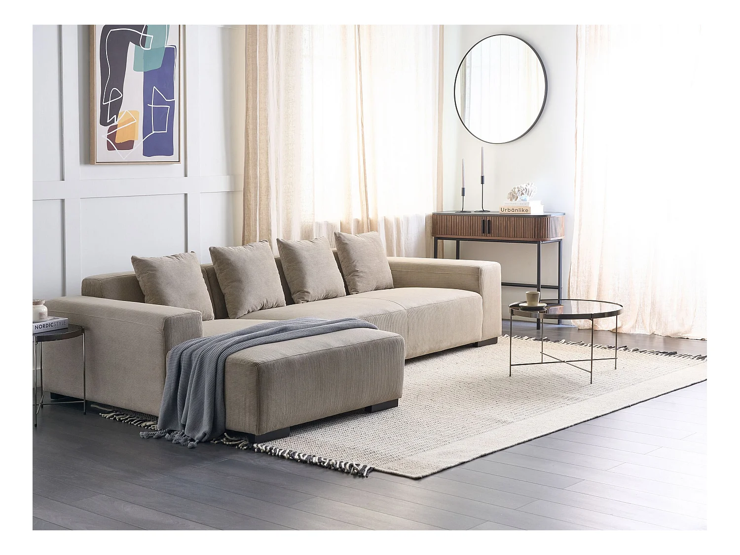 4-Sitzer Ecksofa L-Form Stoffbezug beige mit Chaiselongue rechts modern Lungo