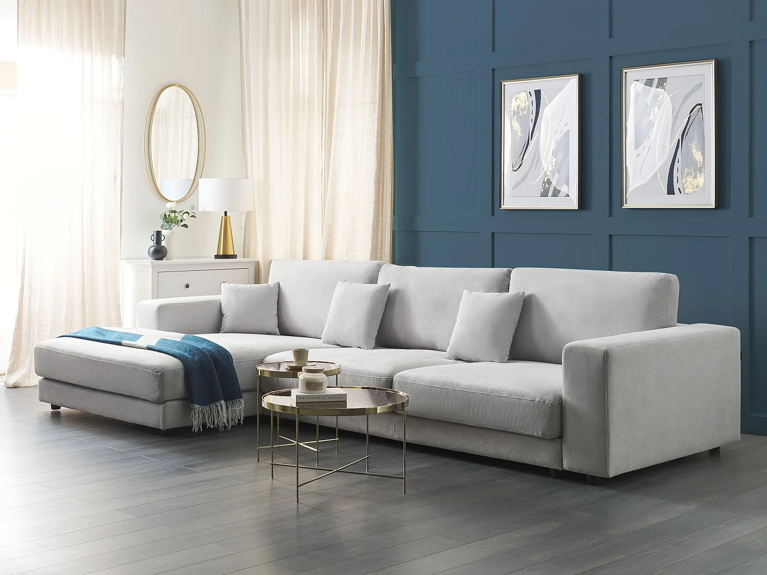 4-Sitzer Ecksofa L-förmig grau mit Chaiselongue rechts 2 Dekokissen Lofoten