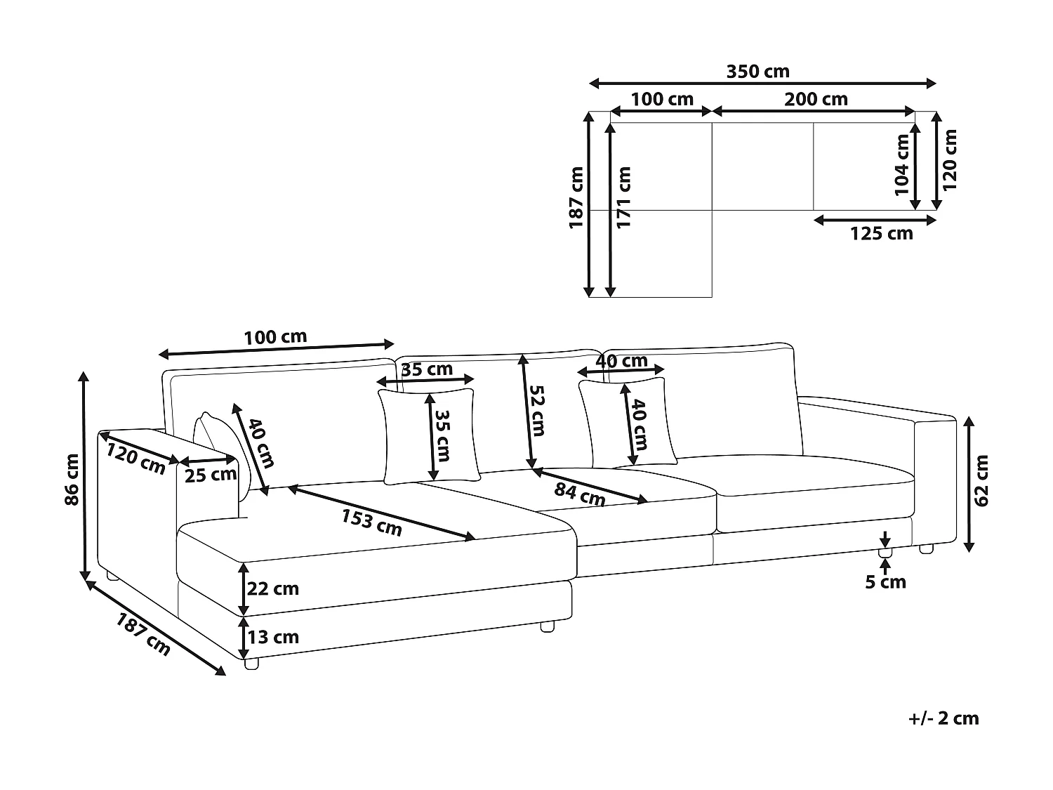 4-Sitzer Ecksofa L-förmig grau mit Chaiselongue rechts 2 Dekokissen Lofoten