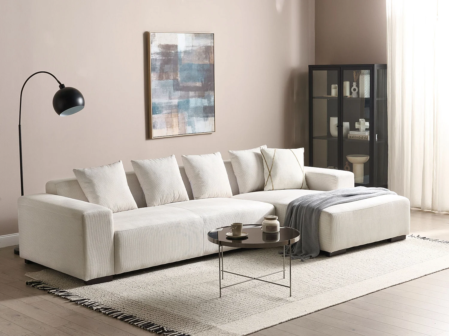 Ecksofa LUNGO Cord Cremeweiss 4-Sitzer linksseitig