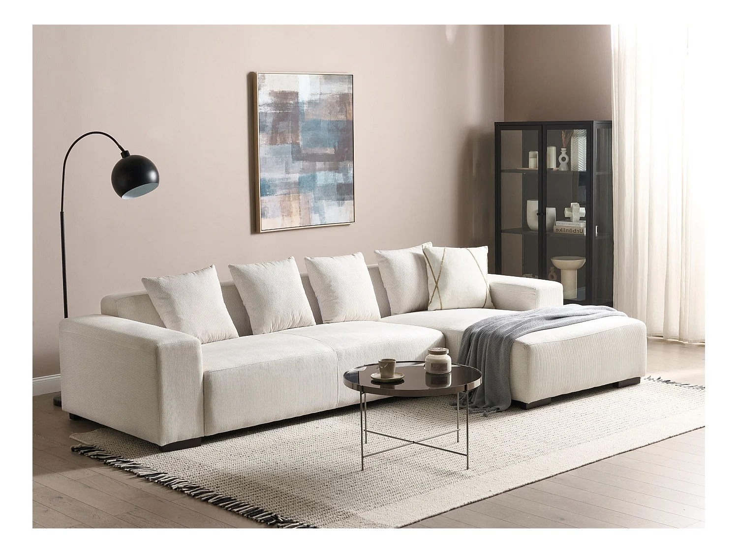 Ecksofa LUNGO Cord Cremeweiss 4-Sitzer linksseitig