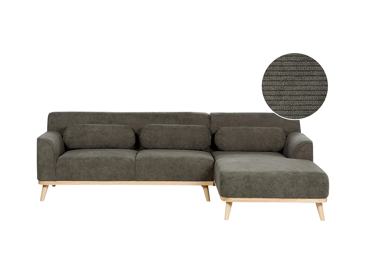 3-Sitzer Ecksofa L-förmig Cord grün mit Chaiselongue links mehrere Kissen Simos