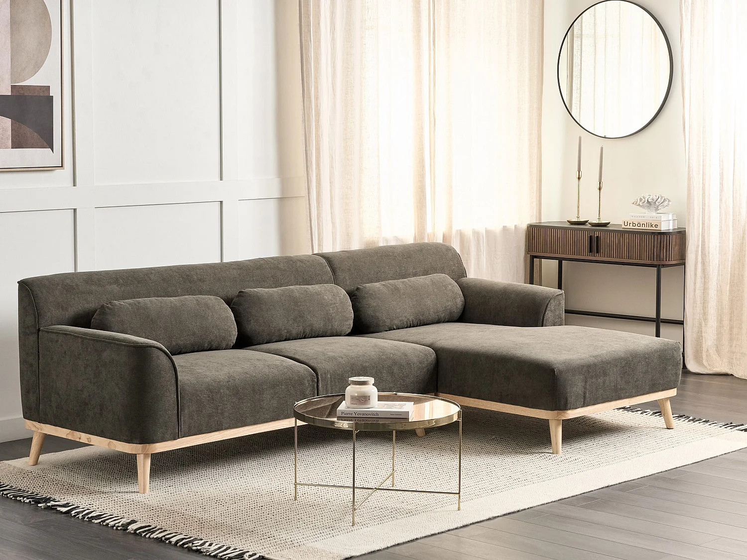 Canapé d'Angle Côté Gauche en Velours Côtelé Vert Foncé Bois d'Hévéa et d'Eucalyptus 3 Places Simos