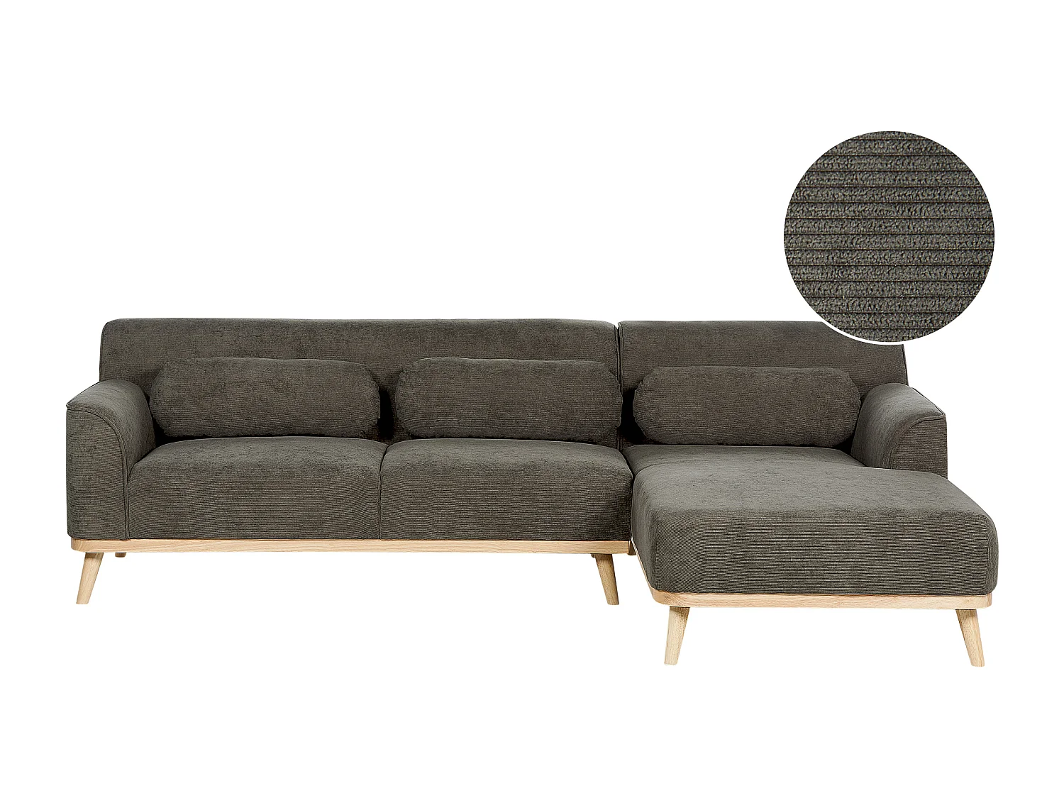 3-Sitzer Ecksofa L-förmig Cord grün mit Chaiselongue links mehrere Kissen Simos