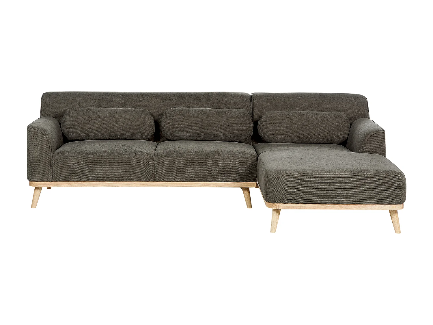 3-Sitzer Ecksofa L-förmig Cord grün mit Chaiselongue links mehrere Kissen Simos