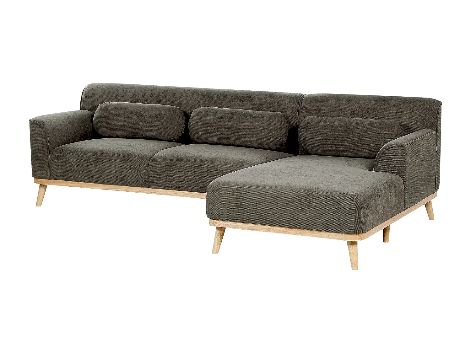 3-Sitzer Ecksofa L-förmig Cord grün mit Chaiselongue links mehrere Kissen Simos