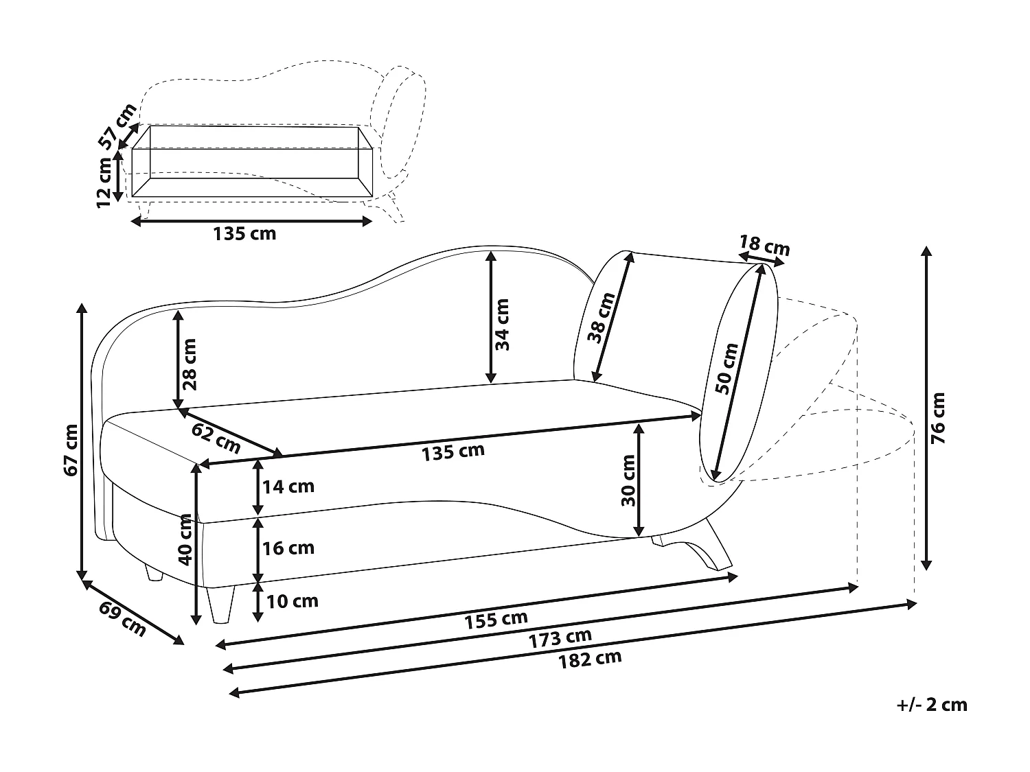Chaise longue derecho MERI Terciopelo Gris oscuro con almacenaje