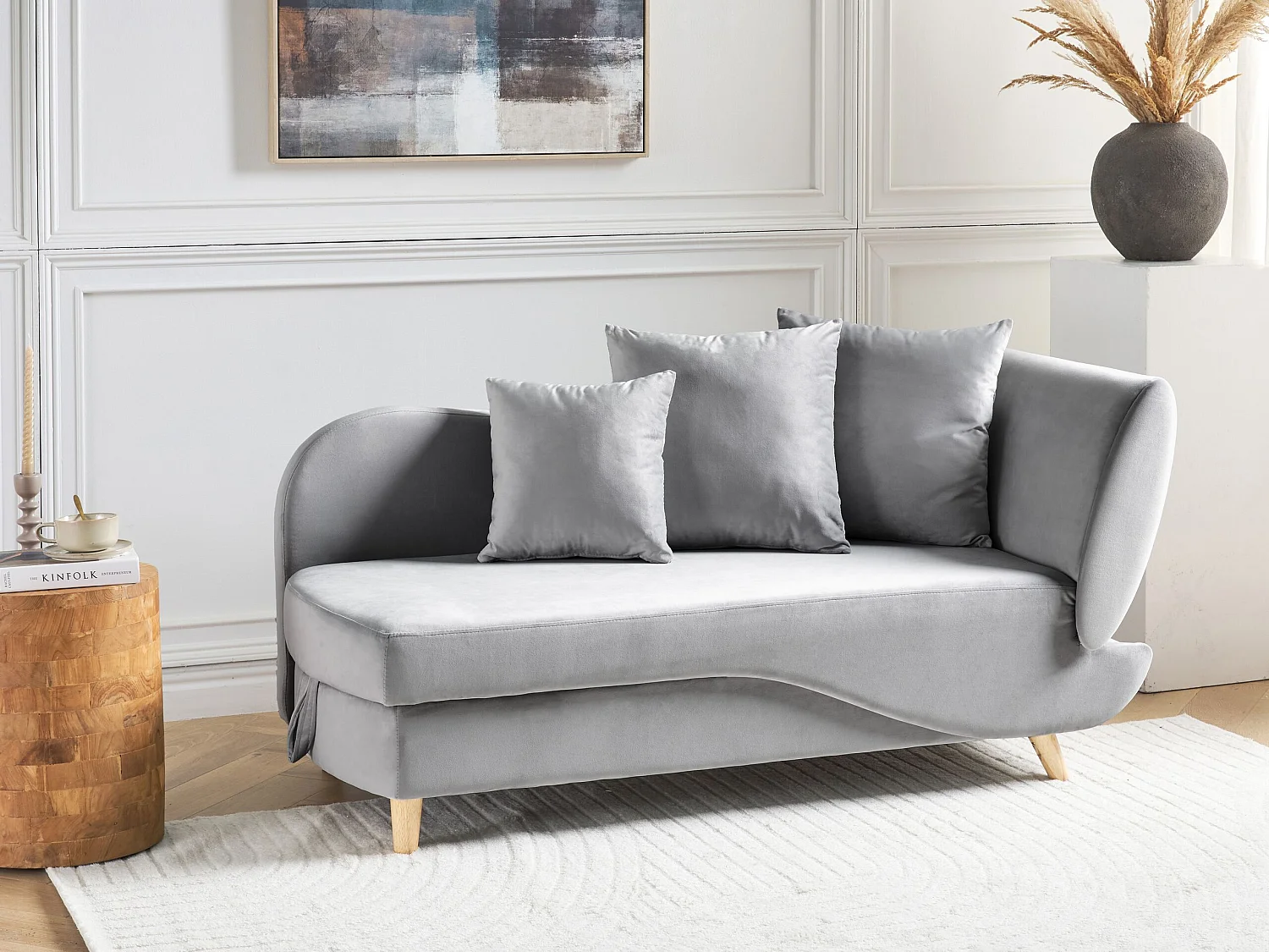 Chaise longue côté droit MERI Velours Gris clair avec rangement