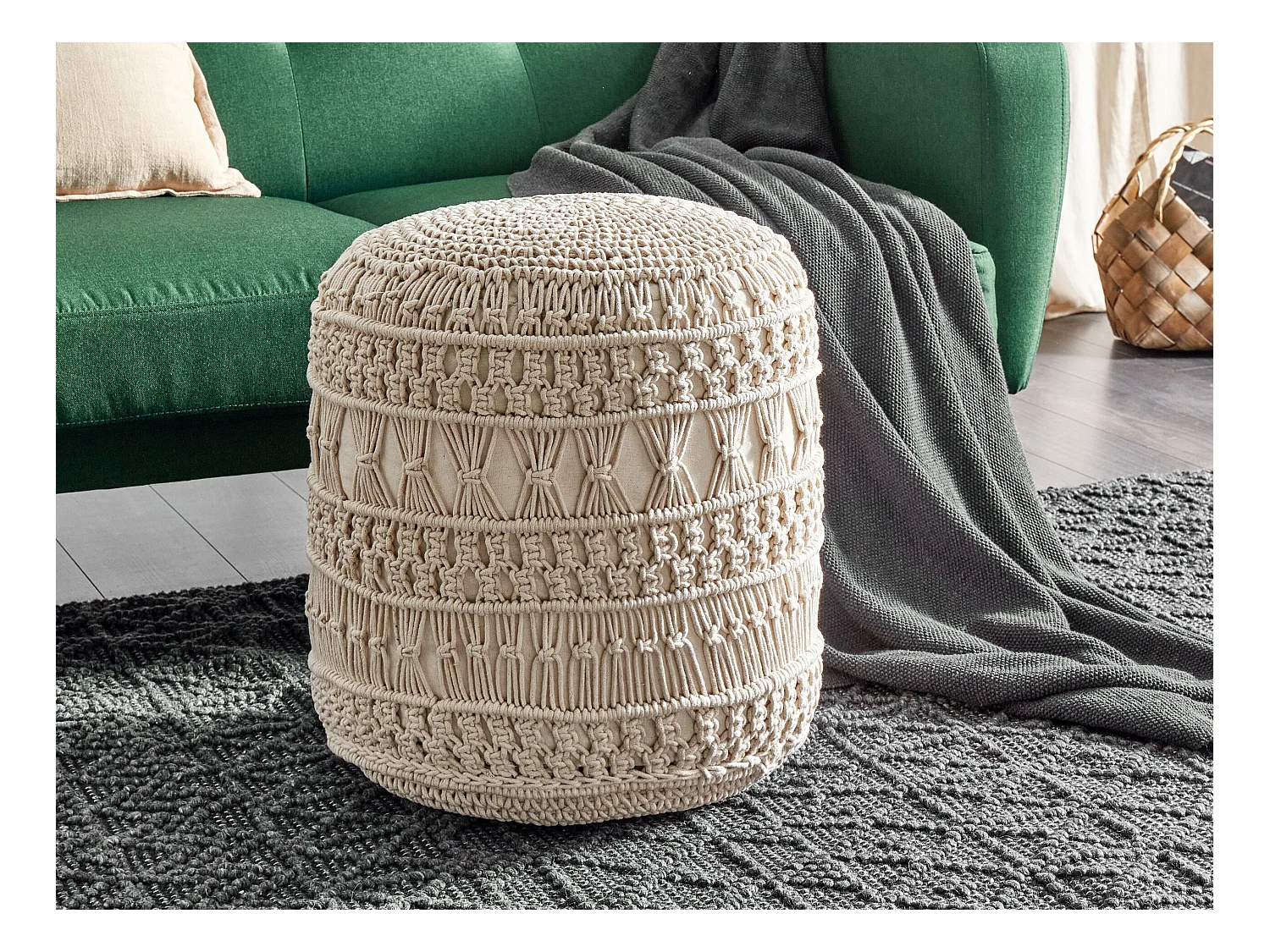 Pouf Baumwolle beige ⌀ 45 cm rund Makramee Design Boho Stil Thakot