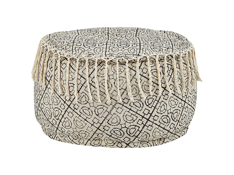 Runder Pouf im Boho-Stil handgearbeitetes Muster Beige und Schwarz Sonati