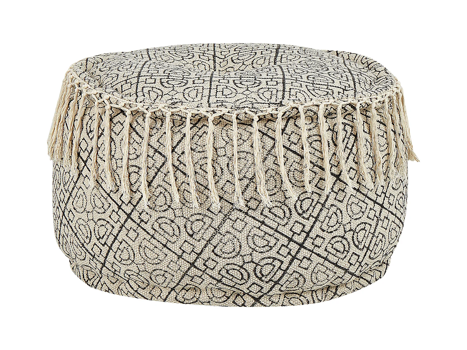 Runder Pouf im Boho-Stil handgearbeitetes Muster Beige und Schwarz Sonati