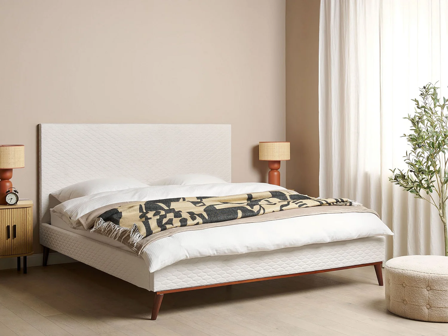 Cama Veludo BAYONNE 180 x 200 cm Branco creme