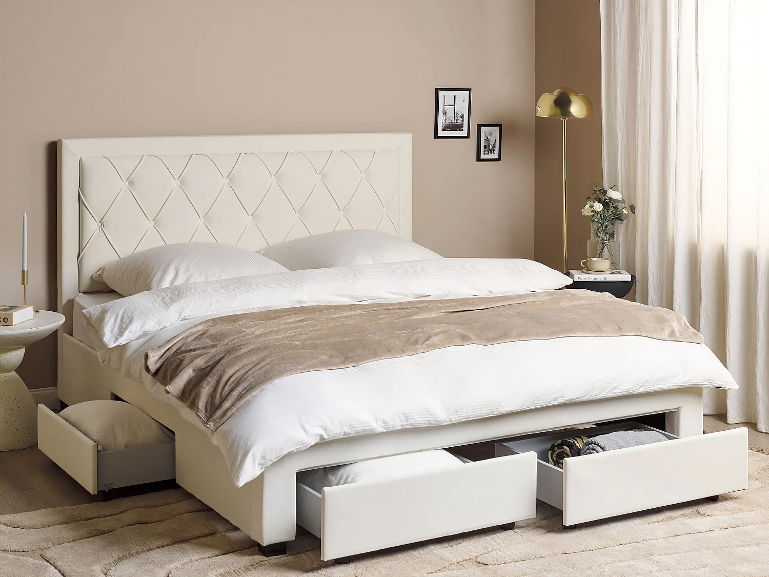 Bed met opbergladen Fluweel LIEVIN 180 x 200 cm Lichtbeige