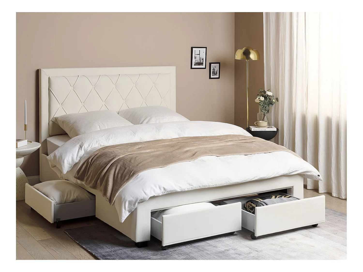 Lit avec tiroirs de rangement Velours LIEVIN 160 x 200 cm Beige clair