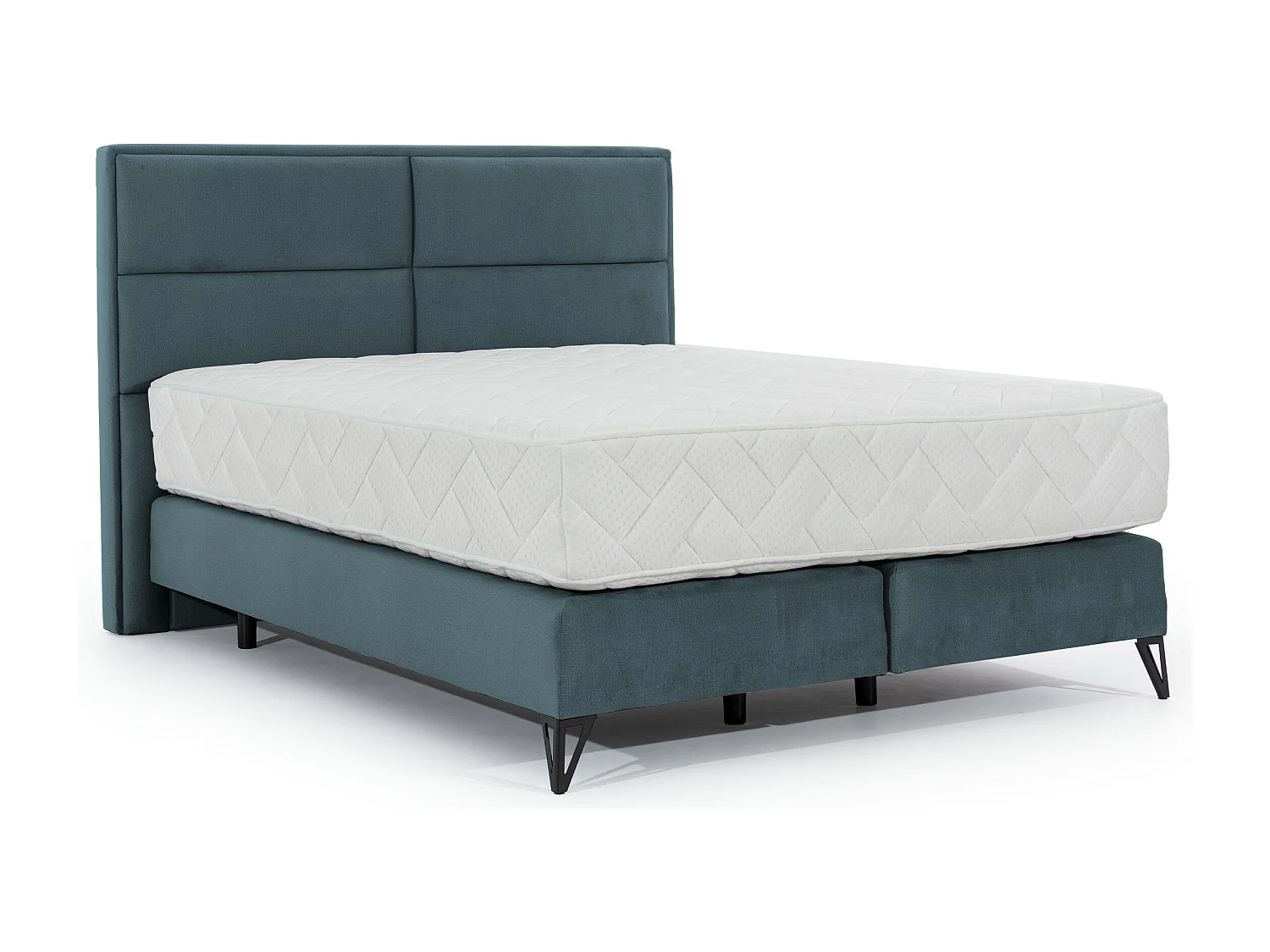 Lit continental velours vert bleuté Tiempo avec matelas 30cm en latex et pied métal noir-140x200