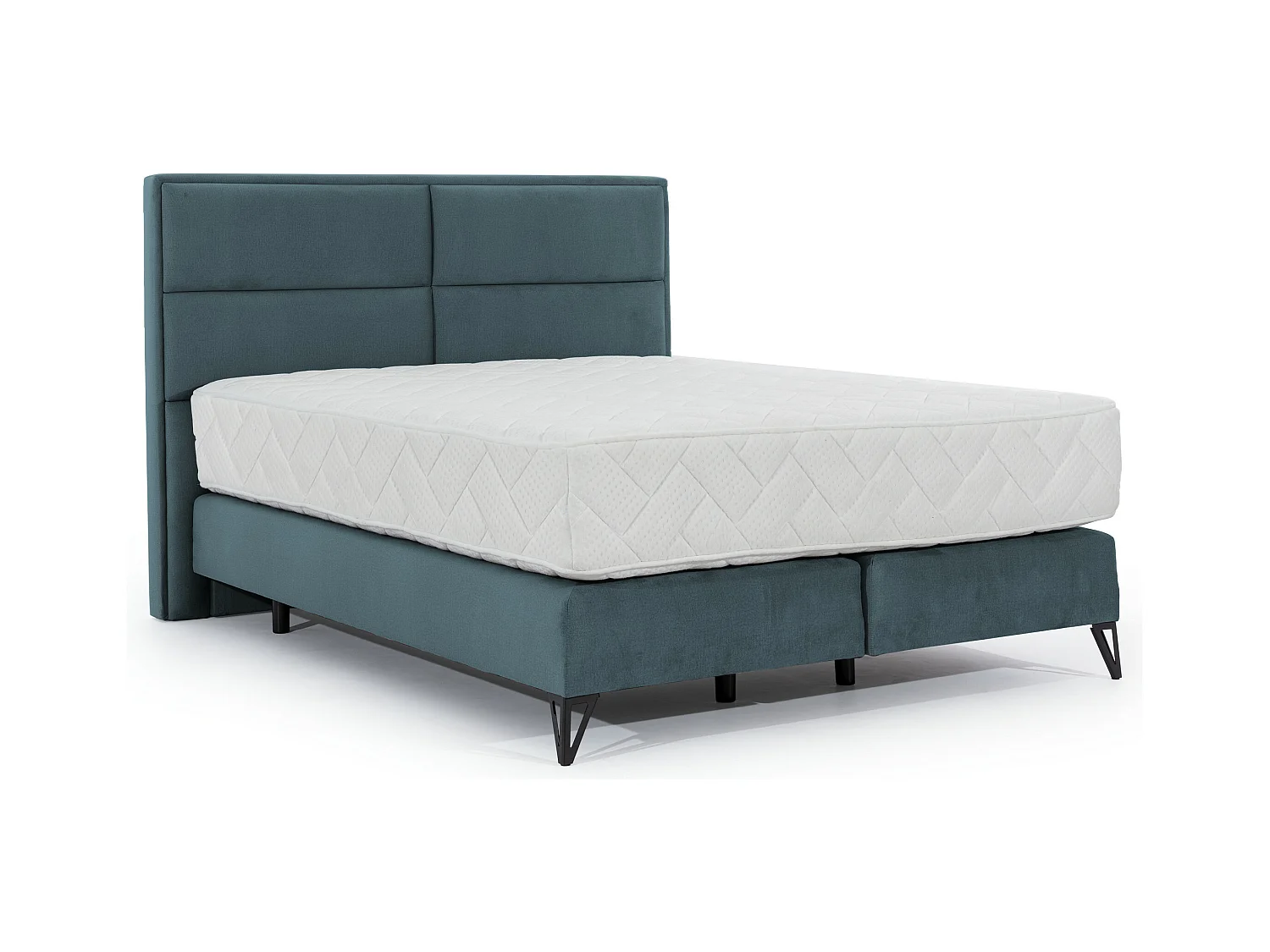 Lit continental velours vert bleuté Tiempo avec matelas 30cm en latex et pied métal noir-140x200
