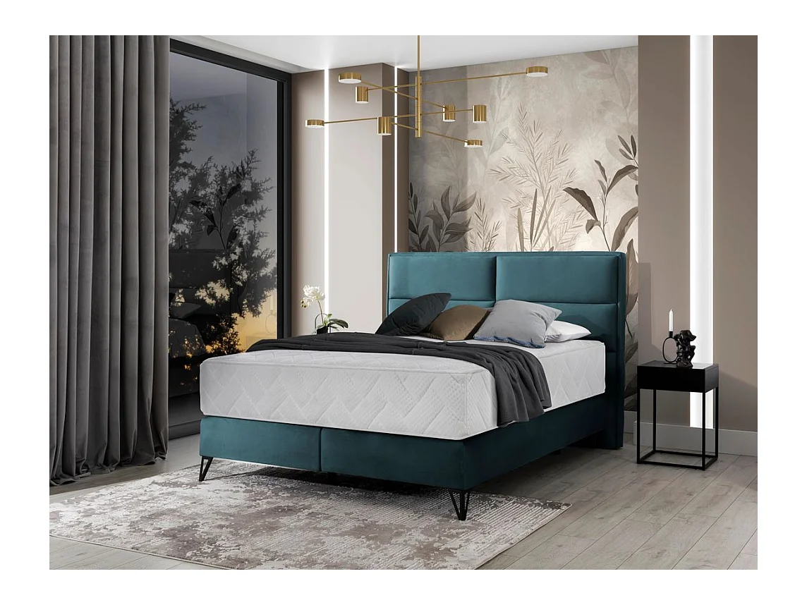 Lit continental velours vert bleuté Tiempo avec matelas 30cm en latex et pied métal noir-140x200