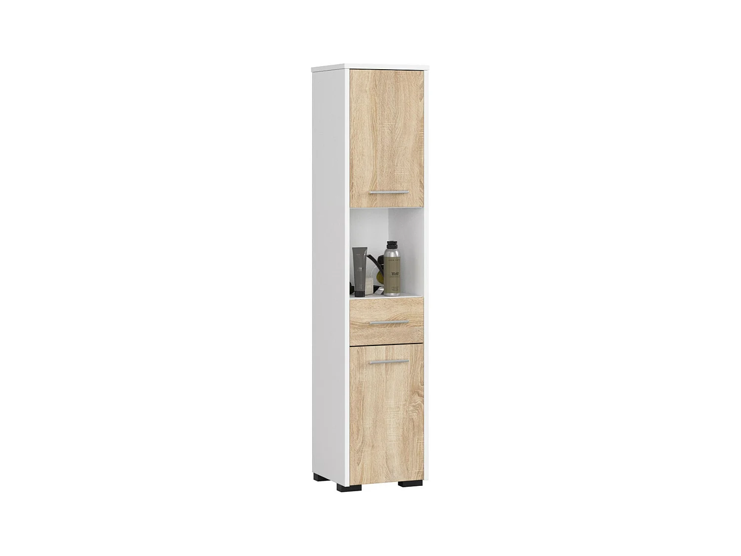 Columna de baño AKORD FIN Blanco 30 cm 2 puertas 1 cajón frente en color Roble Sonoma 5 estantes 30x30x140 cm