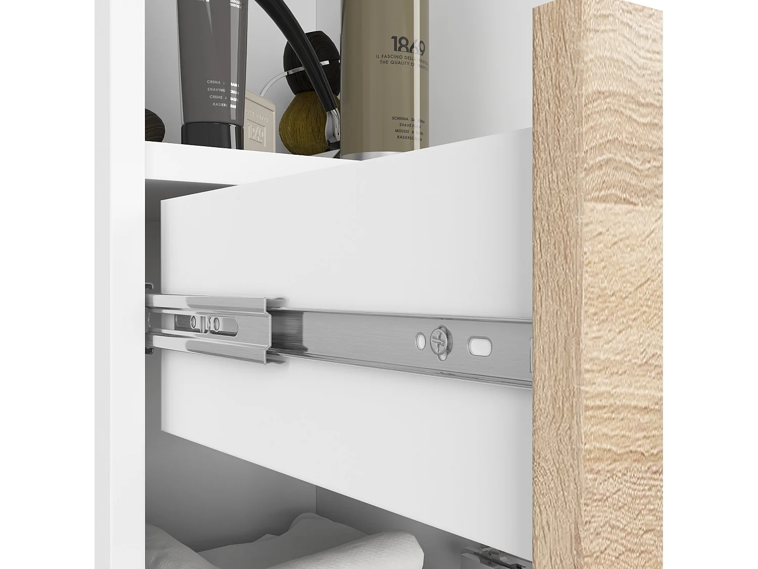 Columna de baño AKORD FIN Blanco 30 cm 2 puertas 1 cajón frente en color Roble Sonoma 5 estantes 30x30x140 cm