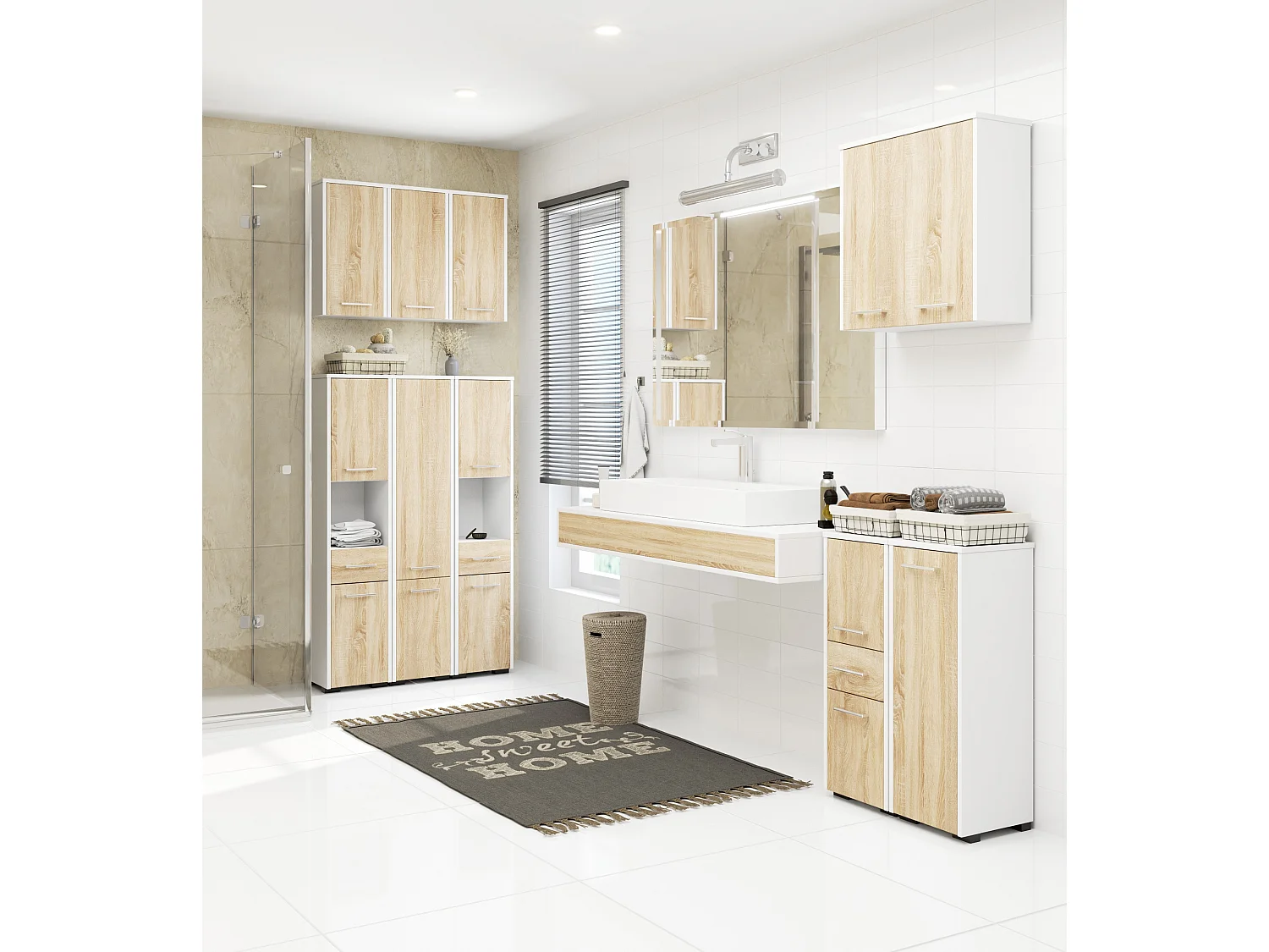 Columna de baño AKORD FIN Blanco 30 cm 2 puertas 1 cajón frente en color Roble Sonoma 5 estantes 30x30x140 cm