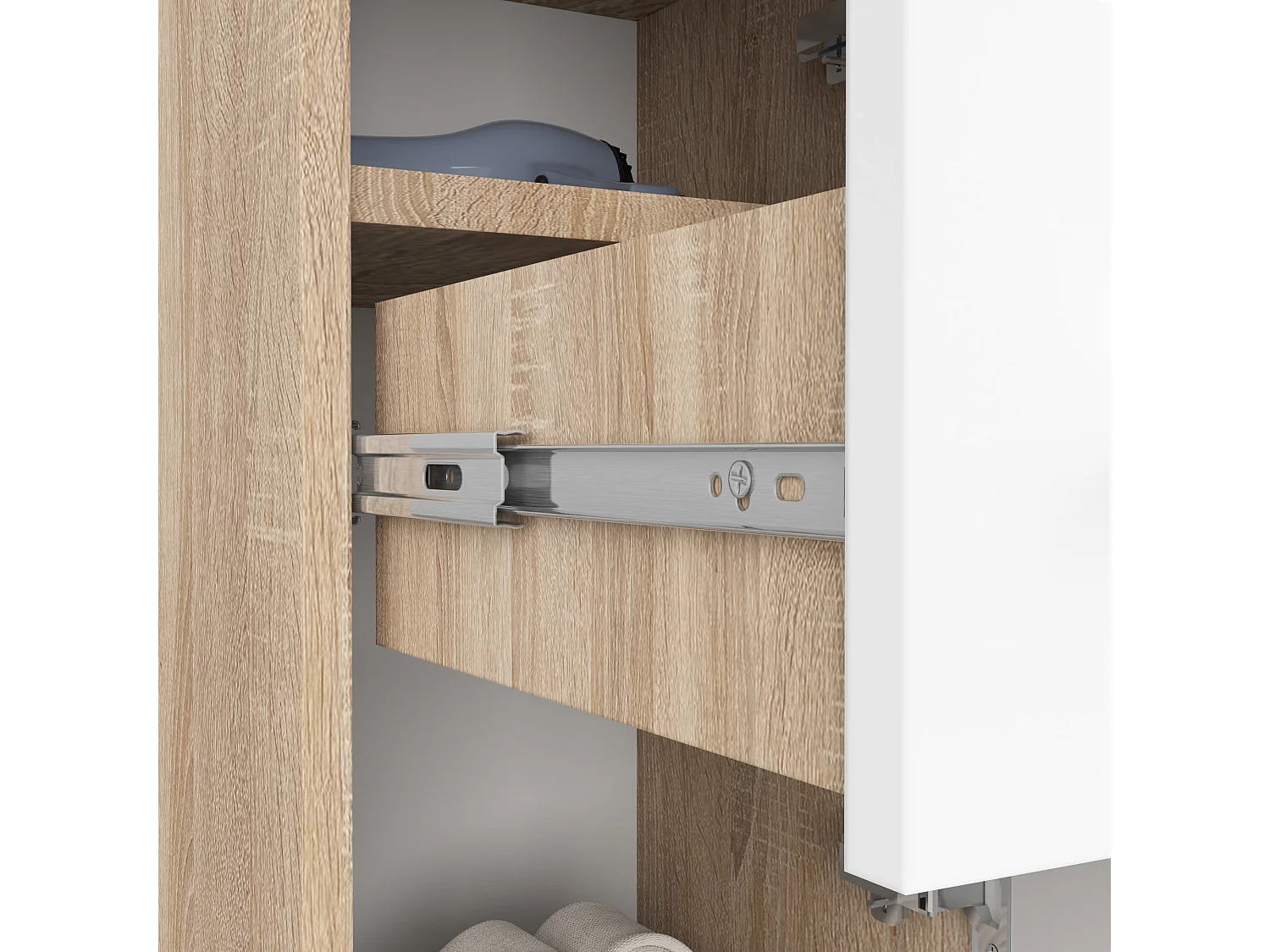 Colonne salle de bains AKORD FIN Chêne Sonoma 30 cm 2 portes 1 tiroir façade Blanche 3 étagères 30x30x85 cm