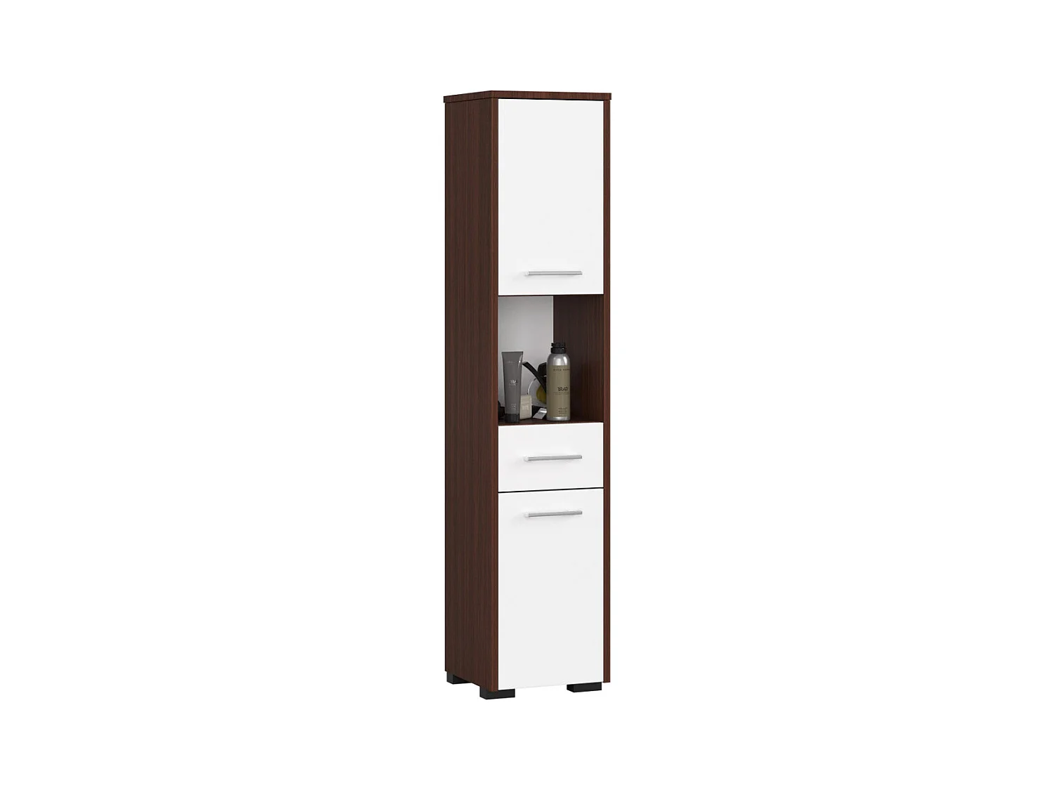 Colonne salle de bains AKORD FIN Wengé 30 cm 2 portes 1 tiroir façade Blanche 5 étagères 30x30x140 cm