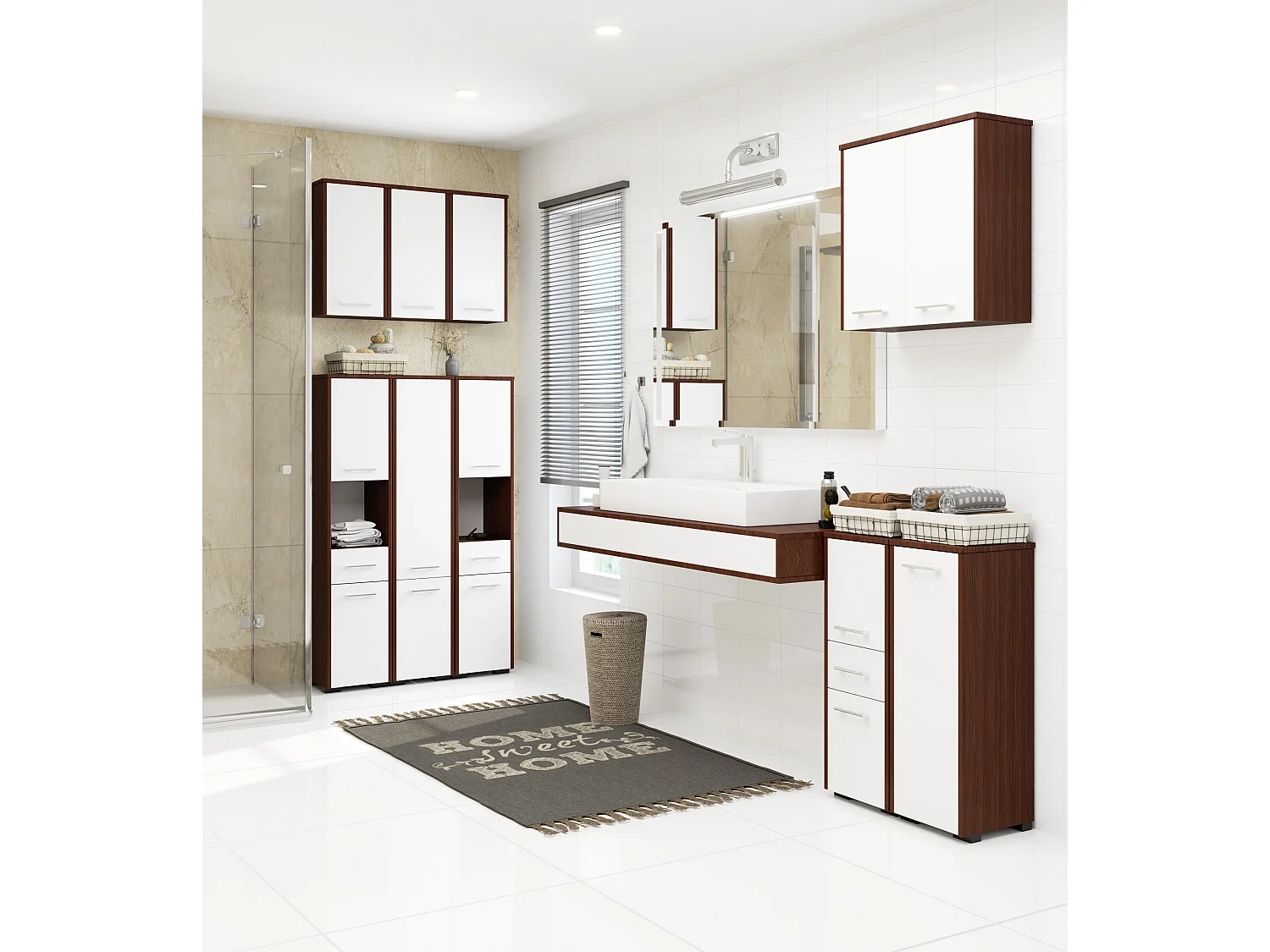 Colonne salle de bains AKORD FIN Wengé 30 cm 2 portes 1 tiroir façade Blanche 5 étagères 30x30x140 cm