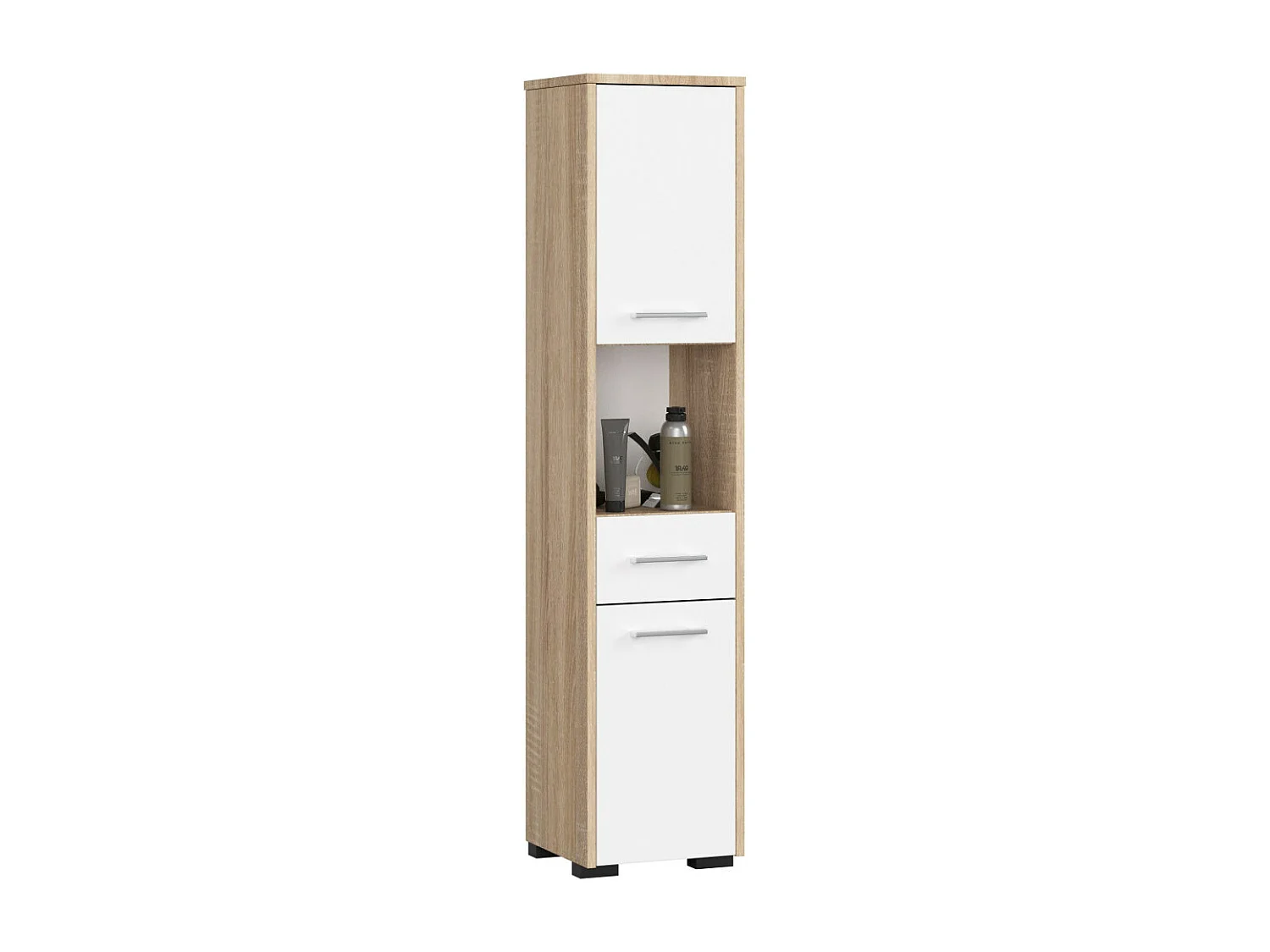 Columna de baño AKORD FIN Roble Sonoma 30 cm 2 puertas 1 cajón frente en color Blanco 5 estantes 30x30x140 cm