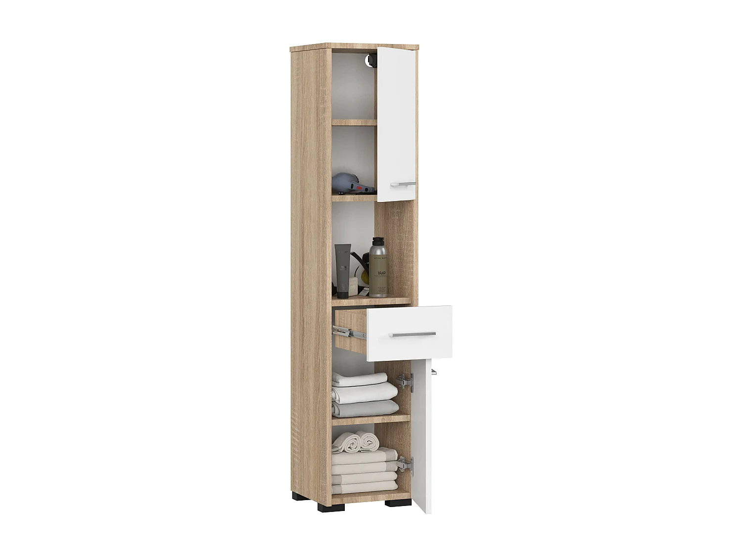 Columna de baño AKORD FIN Roble Sonoma 30 cm 2 puertas 1 cajón frente en color Blanco 5 estantes 30x30x140 cm