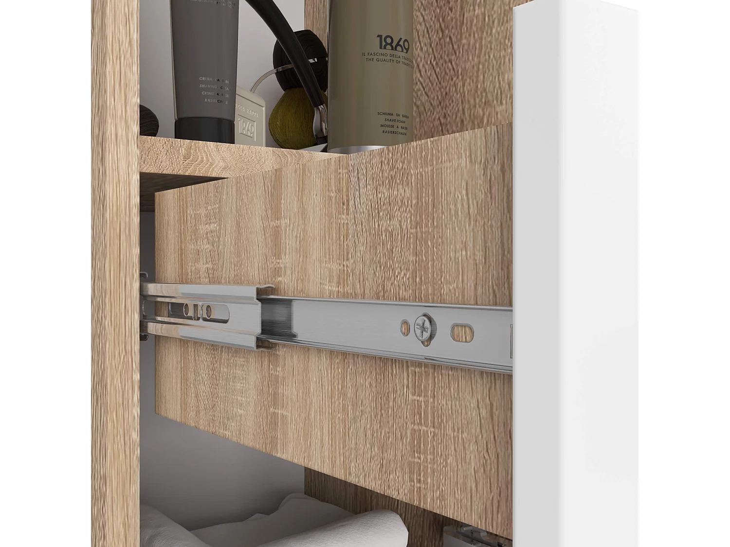 Columna de baño AKORD FIN Roble Sonoma 30 cm 2 puertas 1 cajón frente en color Blanco 5 estantes 30x30x140 cm