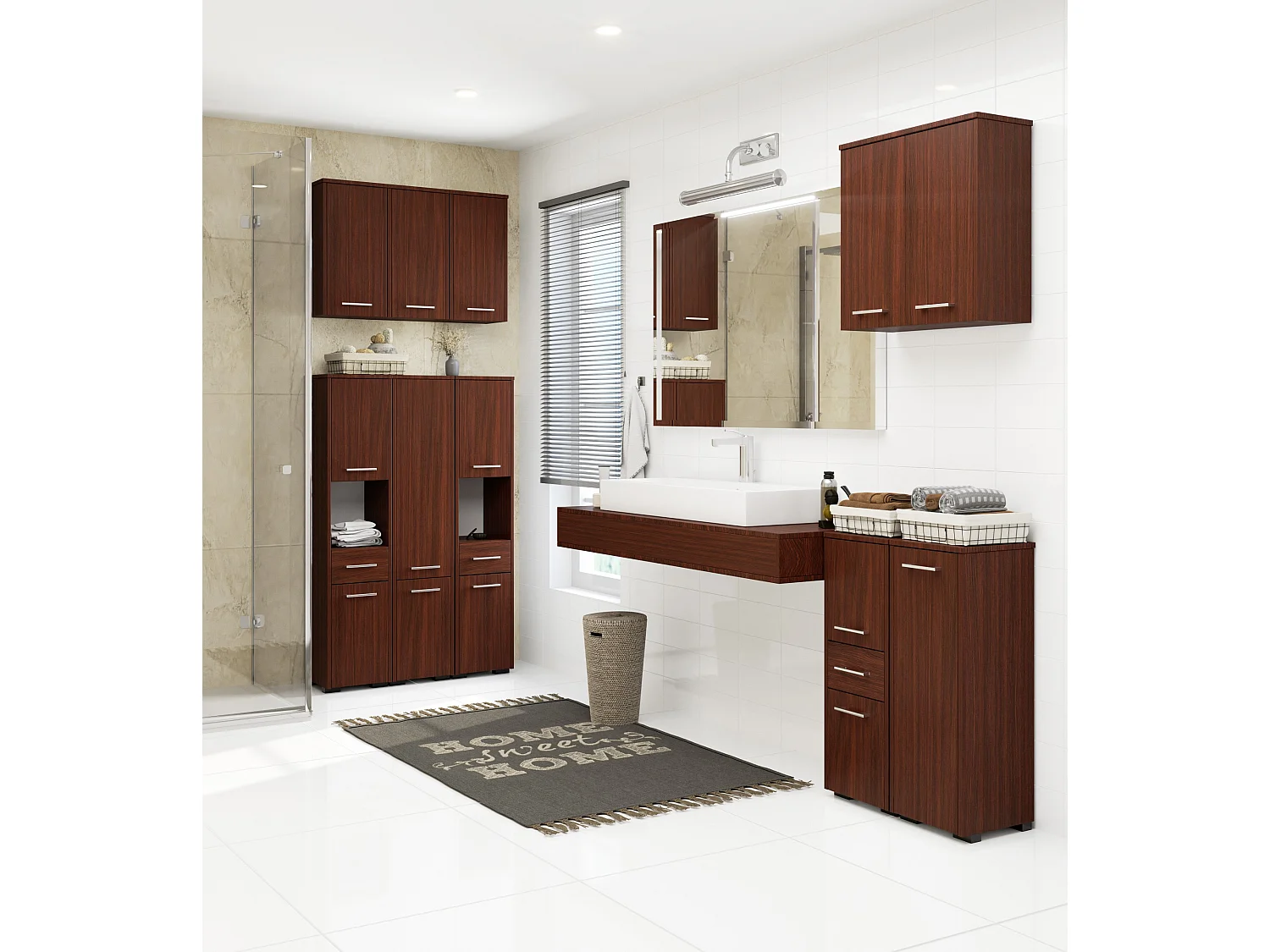 Stehender Badezimmerschrank AKORD FIN Wenge 30 cm 2 Türen Schublade 3 Ebenen B30 x H85 x T30 cm