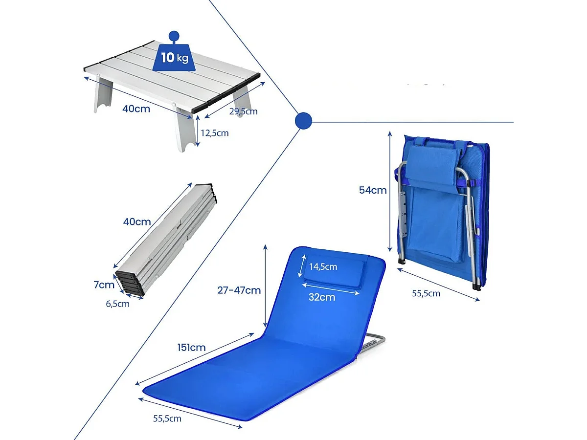 2er Set Faltbare Strandmatte mit 2 Liegestühlen und Beistelltisch 151 x 55,5 x 27-47 Blau