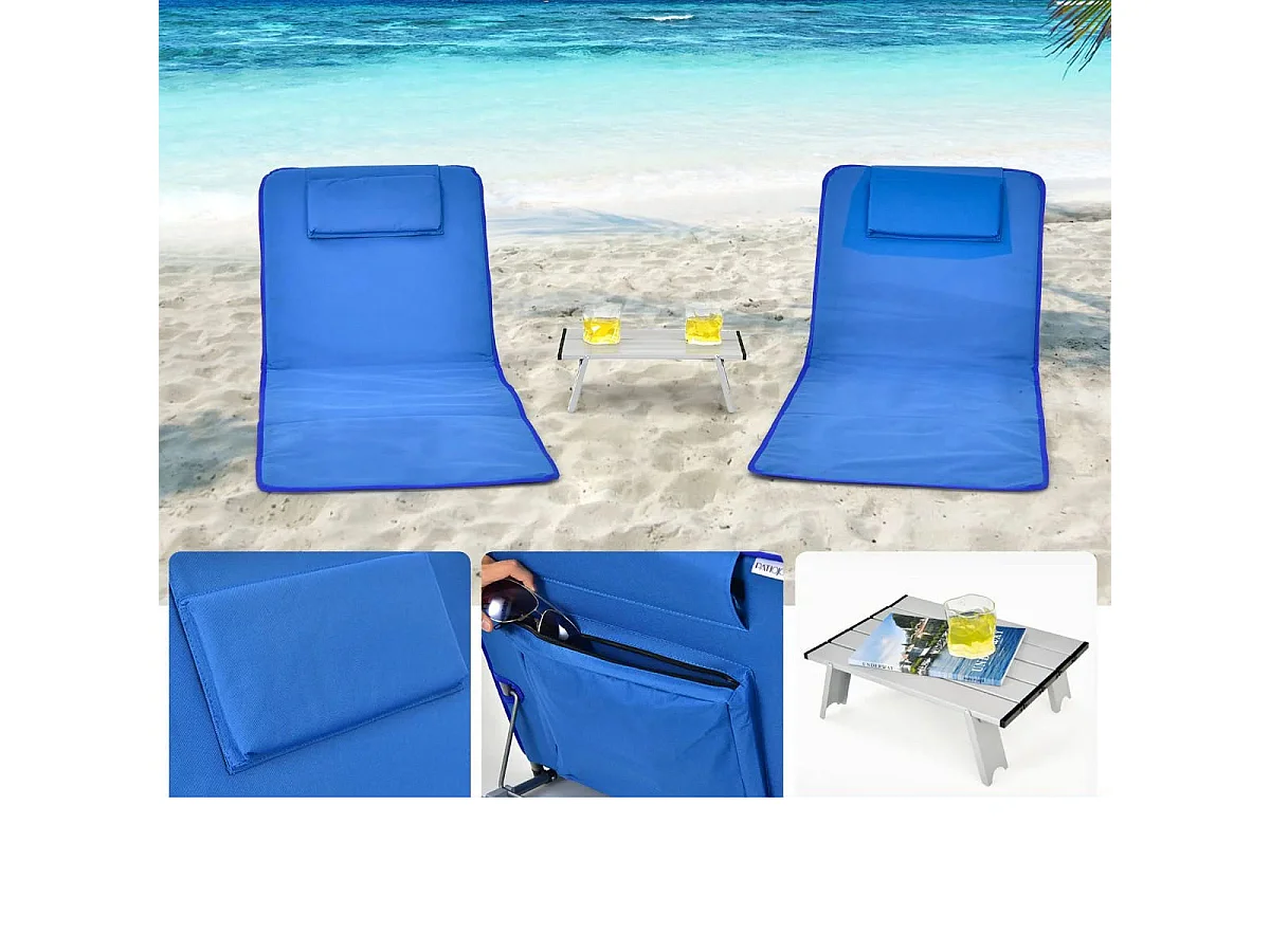 2er Set Faltbare Strandmatte mit 2 Liegestühlen und Beistelltisch 151 x 55,5 x 27-47 Blau