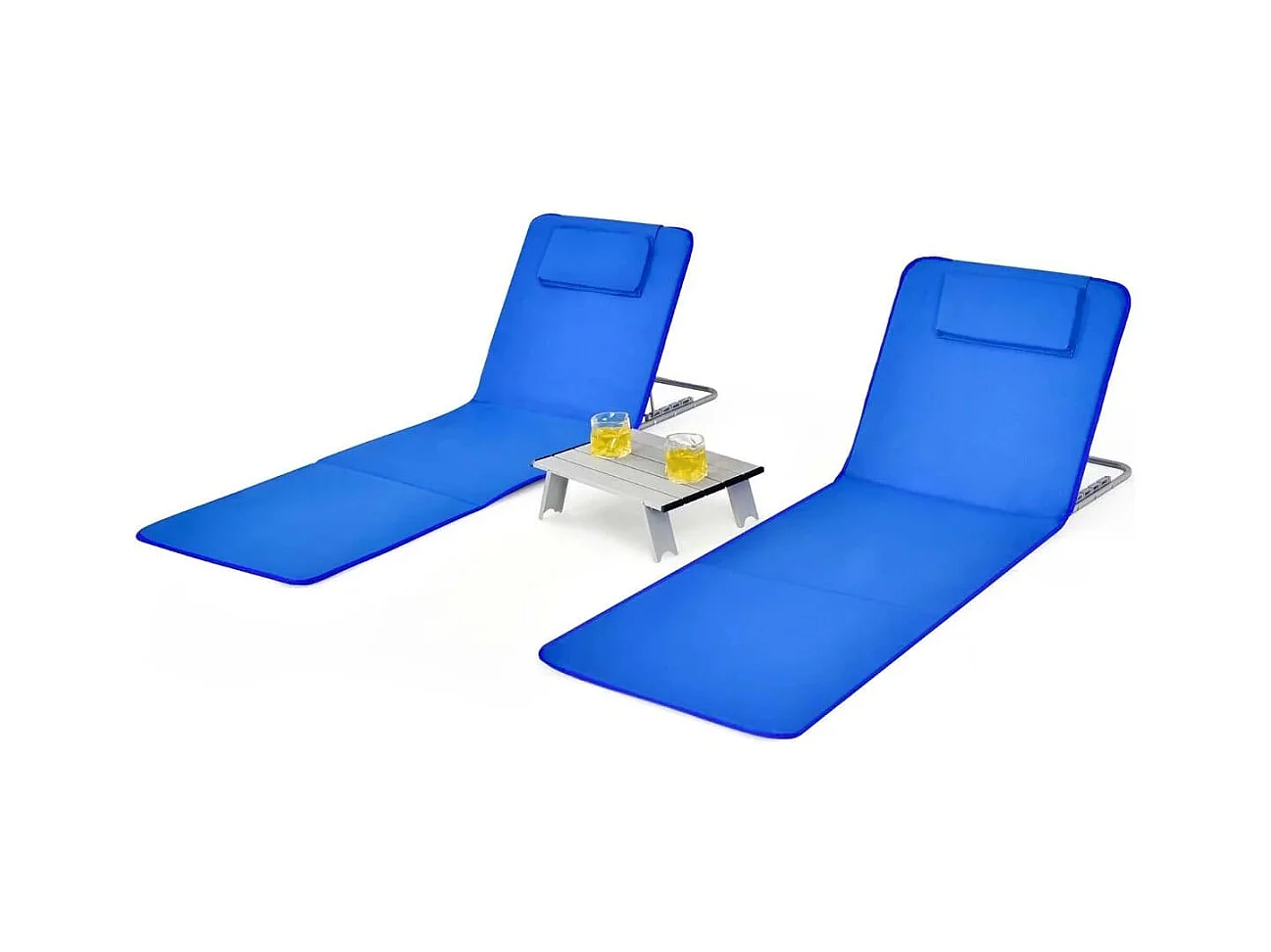 2 x Matelas de Plage Pliables et Table d'Appoint 161 x 51,5 x 27-47 CM Tapis de Plage avec Dossier Réglable Bleu