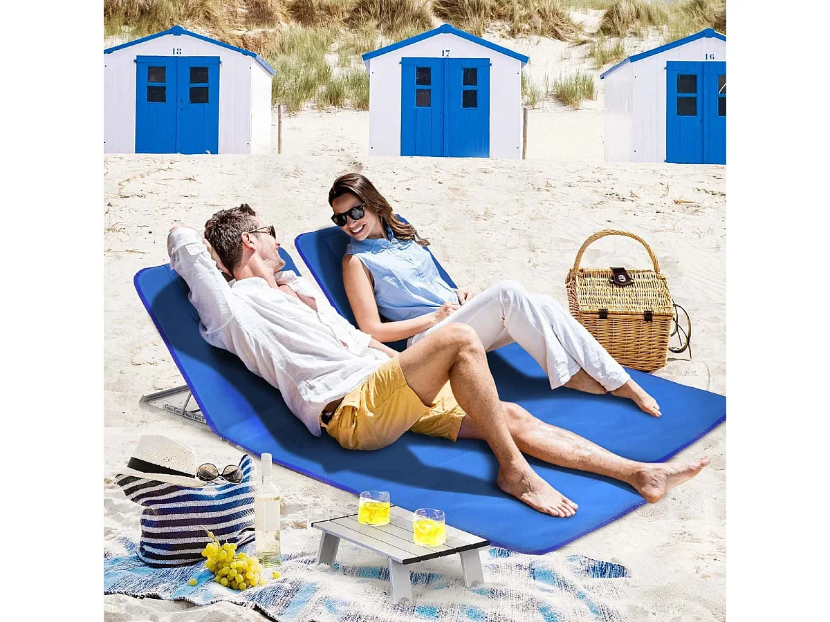 2er Set Faltbare Strandmatte mit 2 Liegestühlen und Beistelltisch 151 x 55,5 x 27-47 Blau