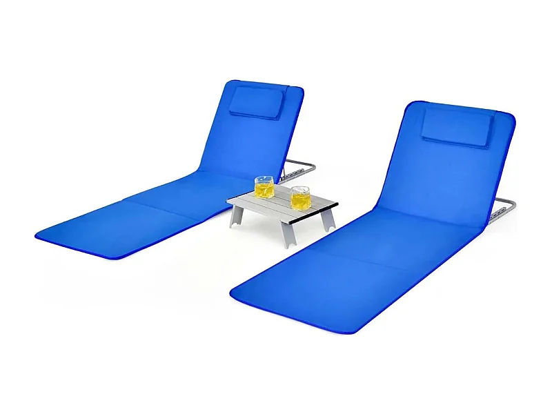 2er Set Faltbare Strandmatte mit 2 Liegestühlen und Beistelltisch 151 x 55,5 x 27-47 Blau