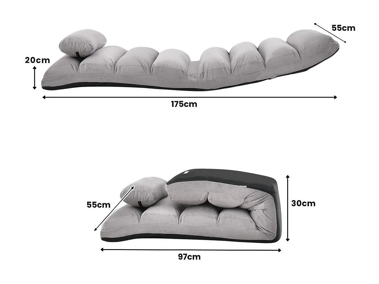 Poltrona pieghevole da terra rivestito in finto camoscio, Divano imbottito regolabile in 5 posizioni Grigio