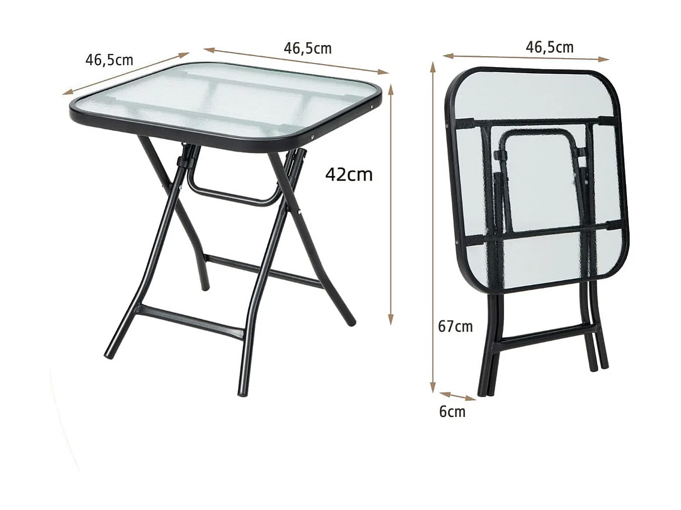 Klappbarer Terrassen-Beistelltisch Quadratischer Glastisch mit Rostfreiem Rahmen Schwarz