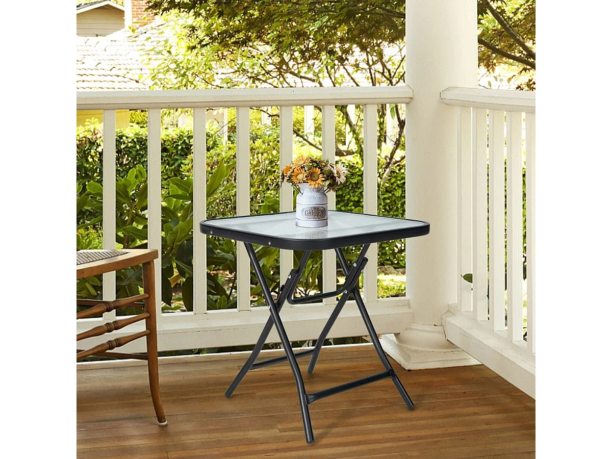 Klappbarer Terrassen-Beistelltisch Quadratischer Glastisch mit Rostfreiem Rahmen Schwarz